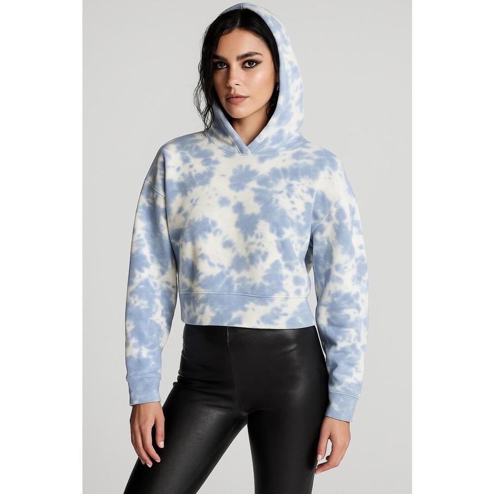 Aerie Offline Blue White Tie Dye Fleece Cropped Hoodie Modal Blend M